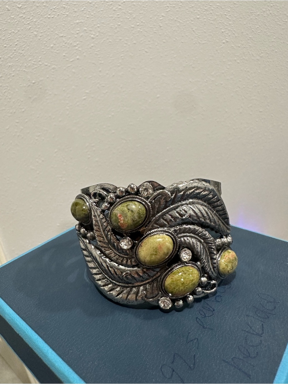 Antique Based Metal Unakite Crystal Cuff Bracelet